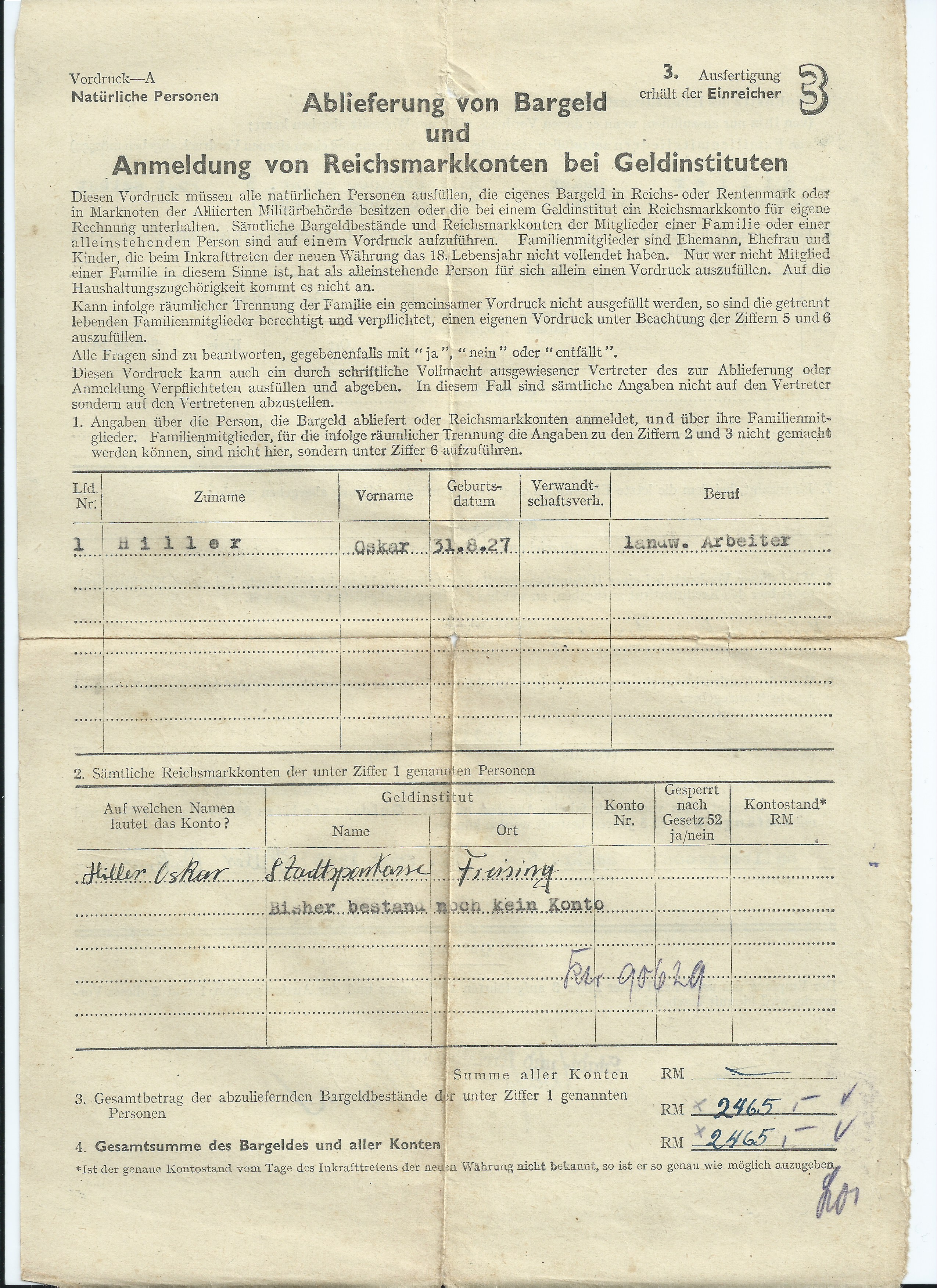 Dokument des abgelieferten Bargelds von Oskar Hiller bei der Sparkasse Freising