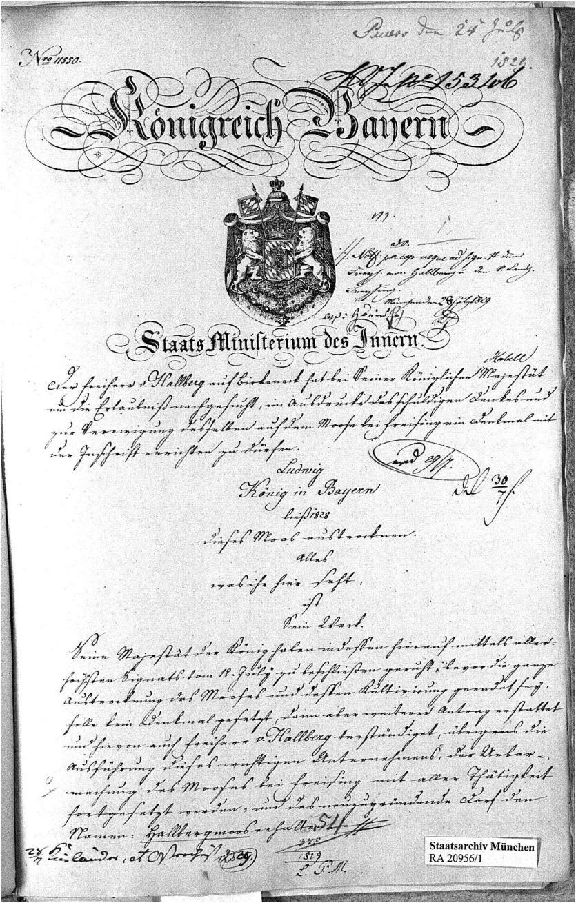 Urkunde vom 28. Juli 1829  des Staats Ministerium des Inneren