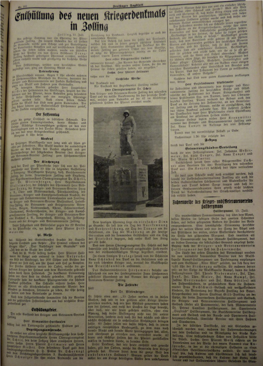Zeitungsartikel der Fahnenweihe vom 14. Juli 1929 im Freisinger Tagblatt