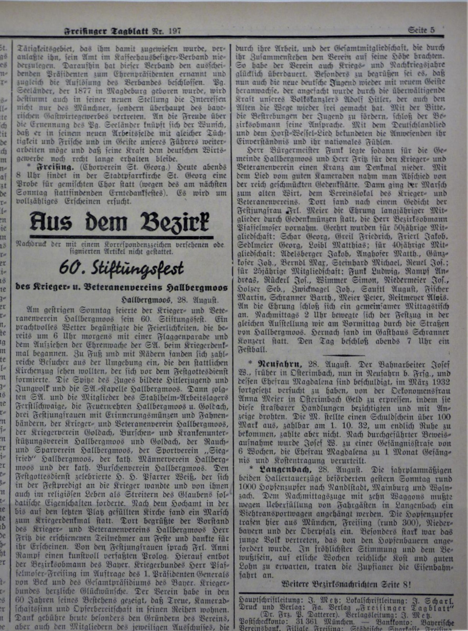 Zeitungsartikel 60.Stiftungsfest im Freisinger Tagblatt