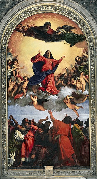 Tizian Tiziano: Himmelfahrt Mariens 1518 bekannt als Assunta =„die Aufgenommene“ Das Original hängt in Santa Maria Gloriosa dei Frari in Venedi
